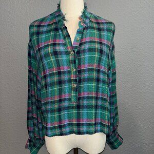 ANTHROPOLOGIE PILCRO Cropped Oversized Puff-Sleeve Soft Crinkle Plaid Blouse XS